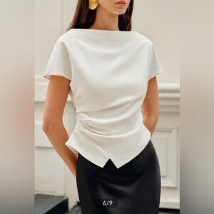 COMMENSE Asymmetric Hem Ruched White Blouse, NWT, Size Large